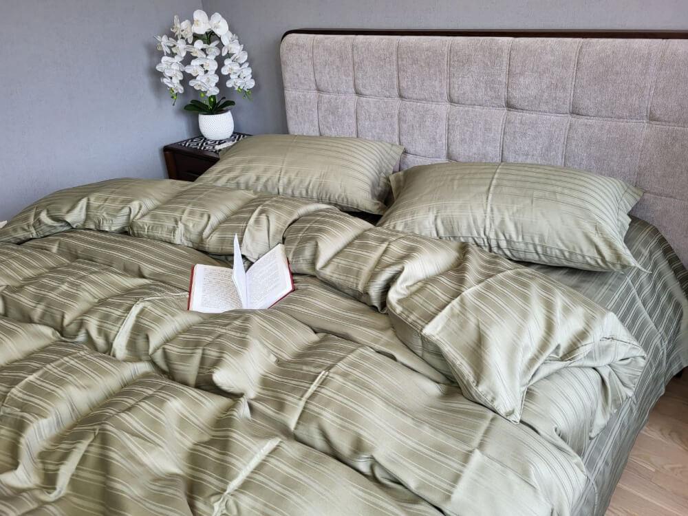 постельное белье мульти страйп сатин оливкового цвета фото 1