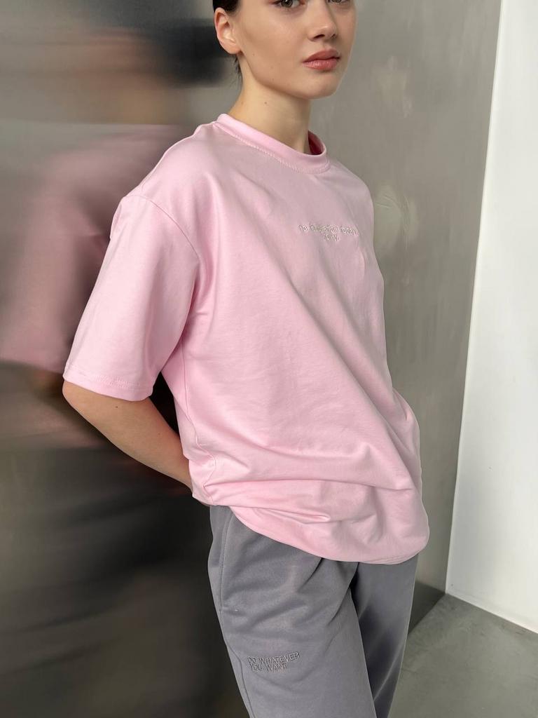 Футболка рожева з високоякісної бавовни з білою вишивкою