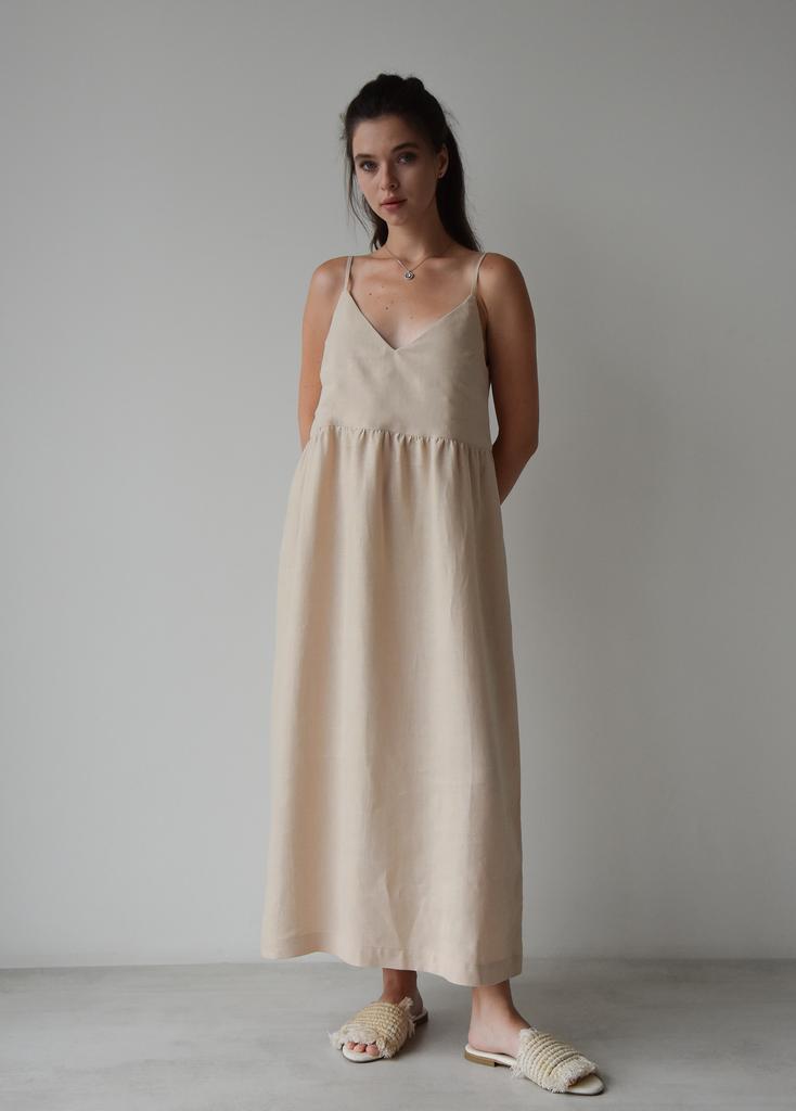 Сарафан бежевий із льону на тонких бретелях