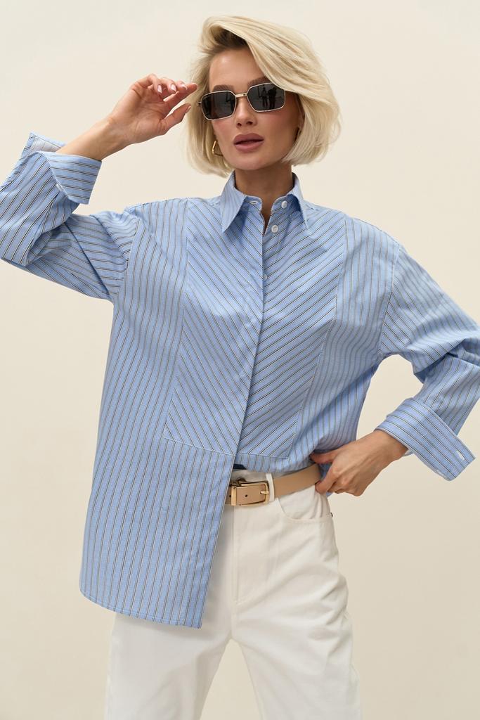 Блакитна  бавовняна сорочка в смужку
