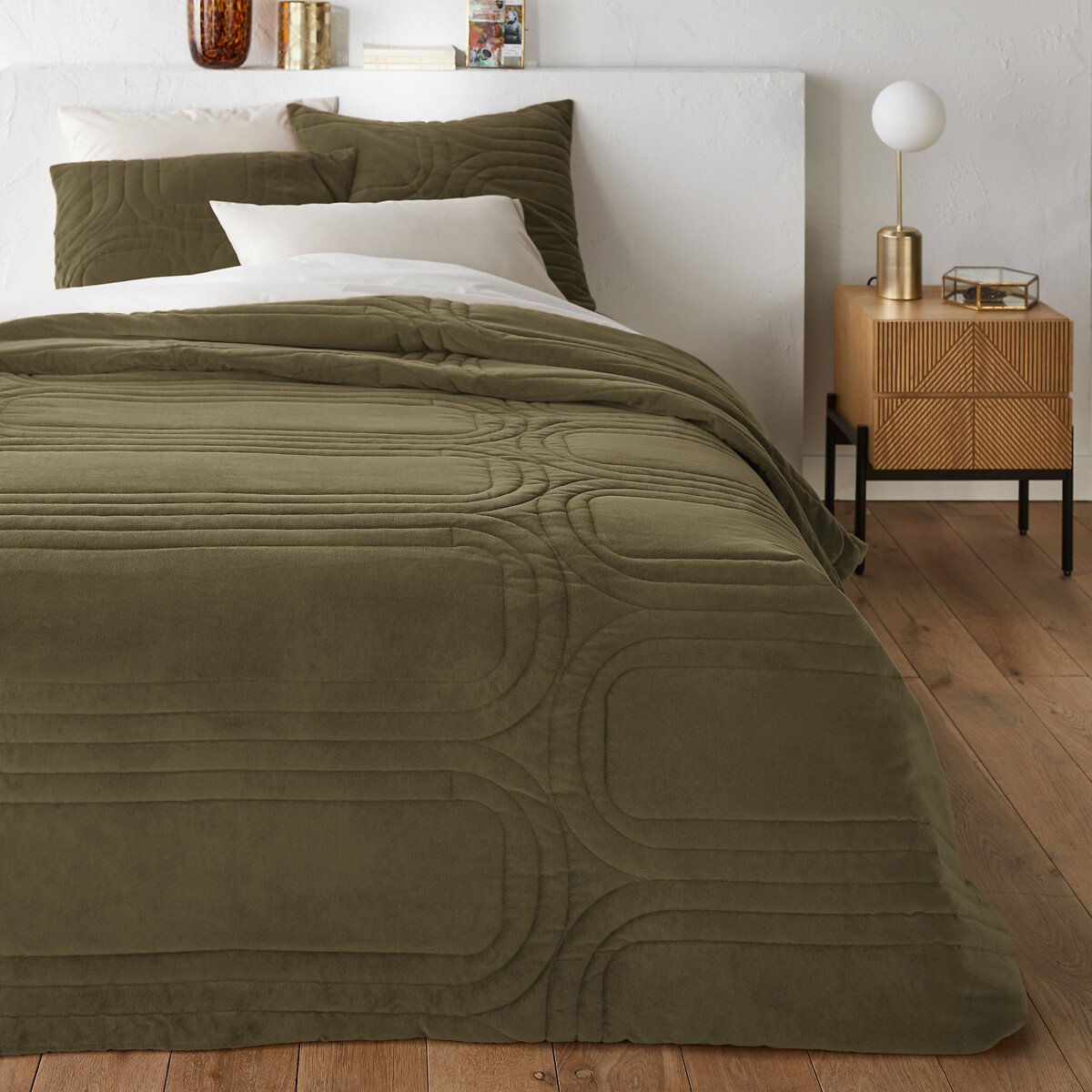 Покрывало стеганое из хлопкового велюра (оливковый) 230*250