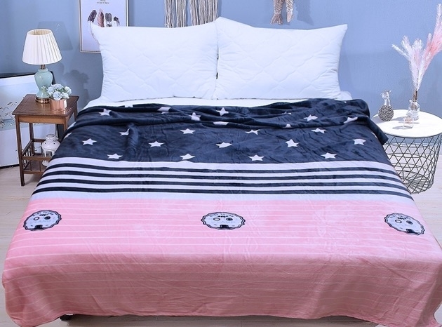 Плед на кровать велсофт розово-синий со звёздами