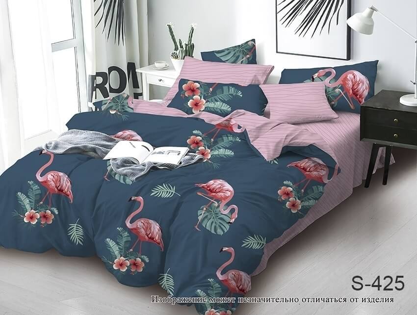 постельное белье сатин с фламинго и монстерой