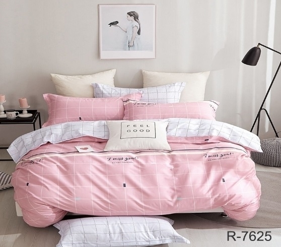 розовое постельное белье в клетку ранфорс R 7625