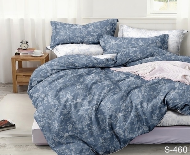 синее постельное белье сатин с цветами S 460