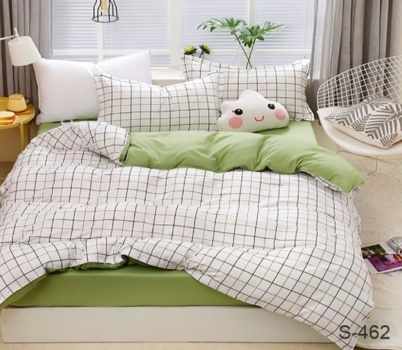 постельное белье сатин в клетку бело-салатовое S 462