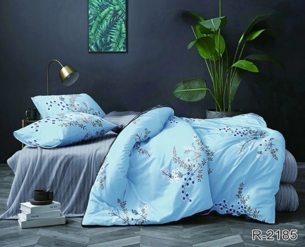 постельное белье ранфорс голубого цвета с цветами R2185