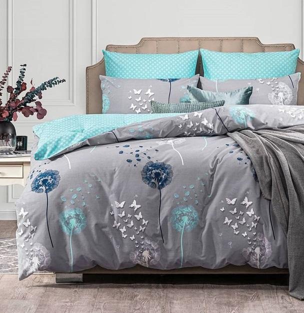 серо-бирюзовое постельное белье с одуванчиками