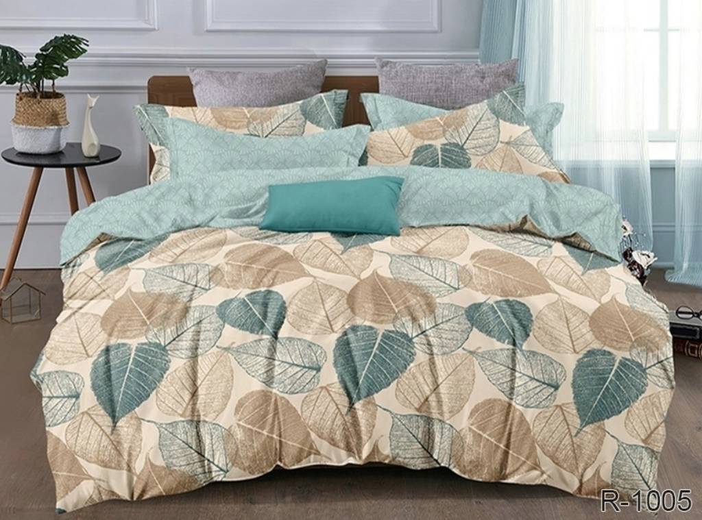 бежево-бирюзовое постельное белье с листиками R 1005