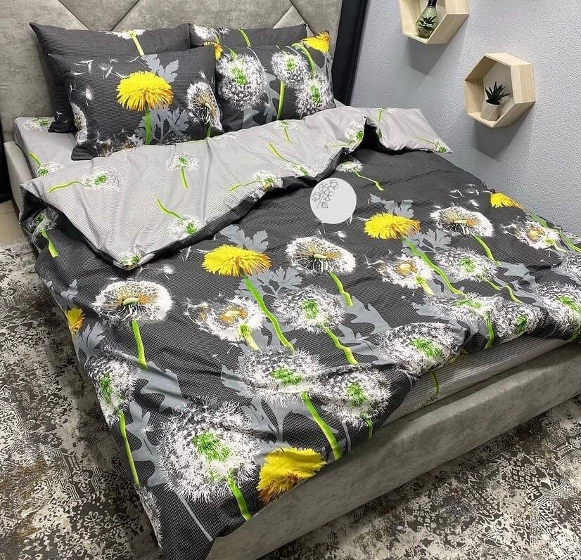 постельное белье желтые одуванчики на сером фоне фото 1