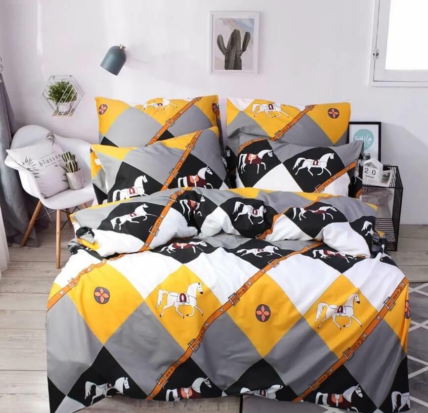 постельное белье сатин серо-оранжевое с лошадью