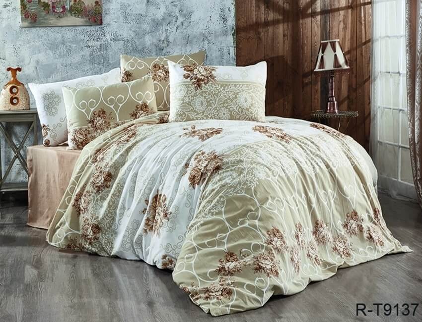 турецкое постельное белье ранфорс бежевого цвета с цветами R-T9137