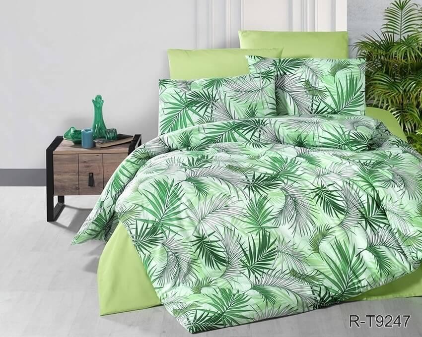 Турецкое постельное белье ранфорс зелёного цвета с пальмовыми листьями
