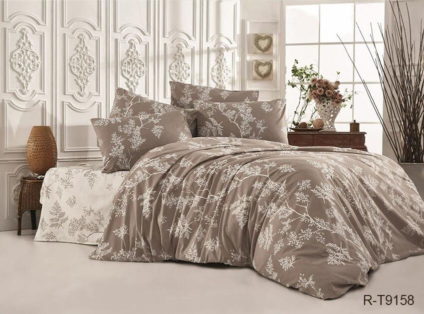Коричневое турецкое постельное белье ранфорс с веточками