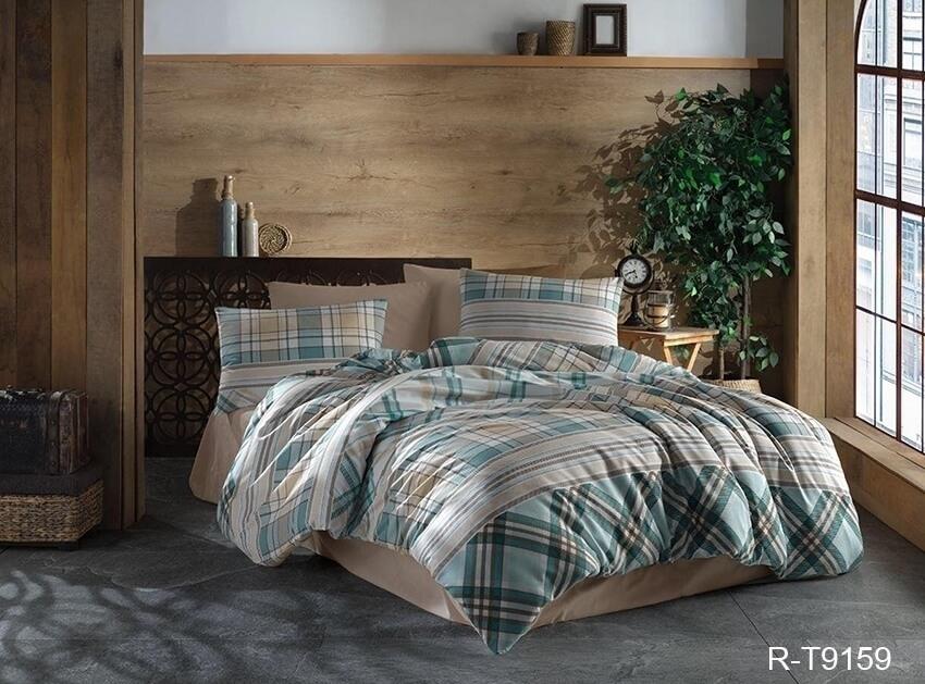 бирюзовое турецкое постельное белье ранфорс в клетку