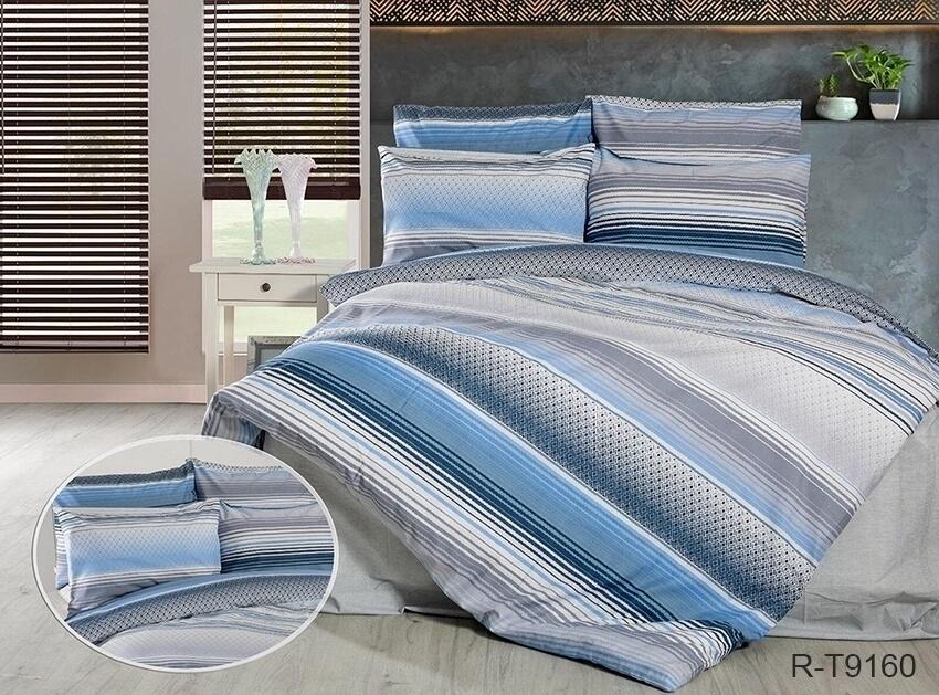 Турецкое постельное белье ранфорс серо-синего цвета в полоску
