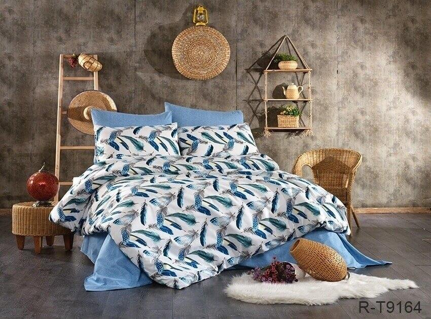 голубое турецкое постельное белье ранфорс с перьями