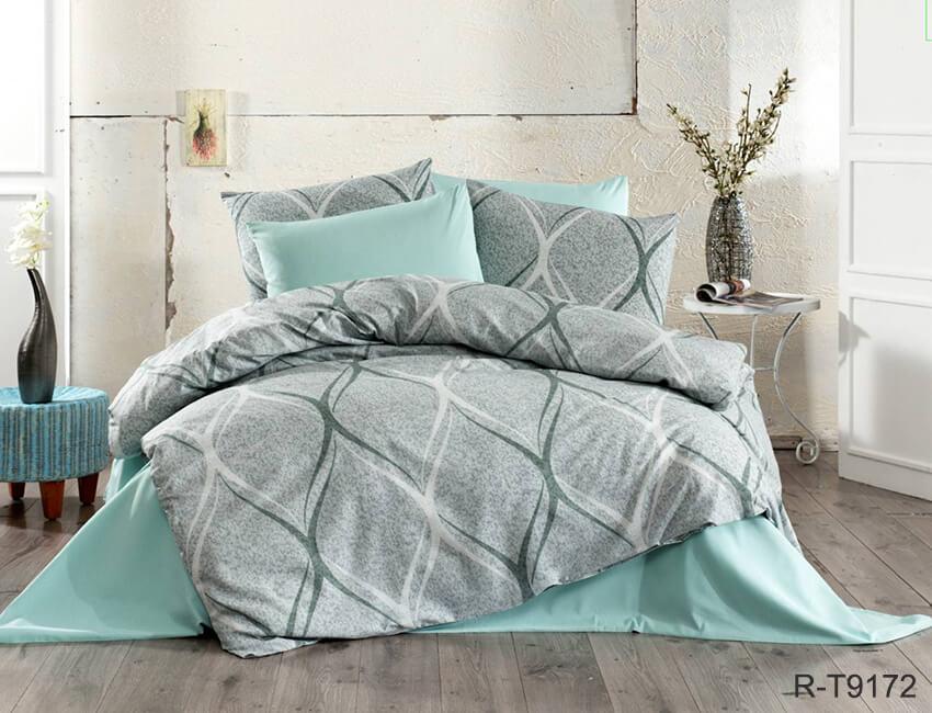 серо-бирюзовое турецкое постельное белье ранфорс с ромбами