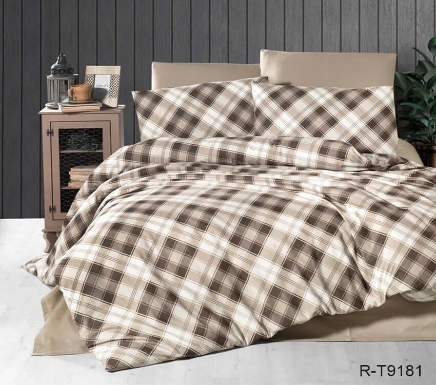 бежевое турецкое постельное белье ранфорс в клетку