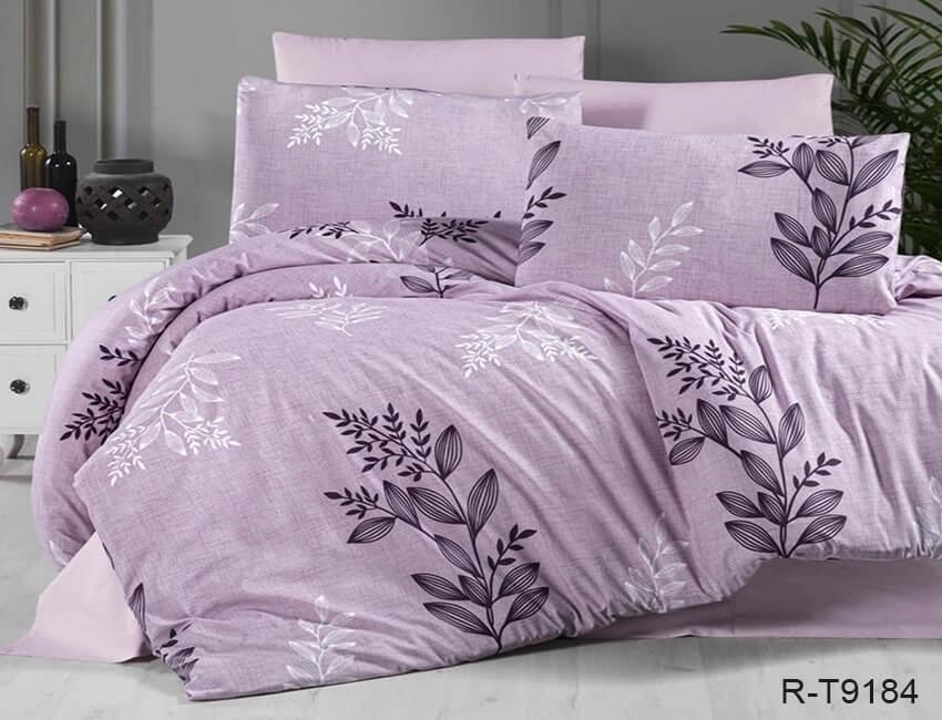 сиреневое турецкое постельное белье ранфорс с листиками