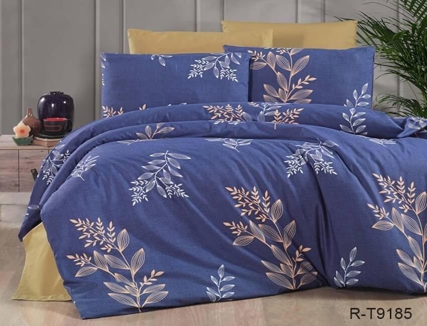 синее турецкое постельное белье с листиками