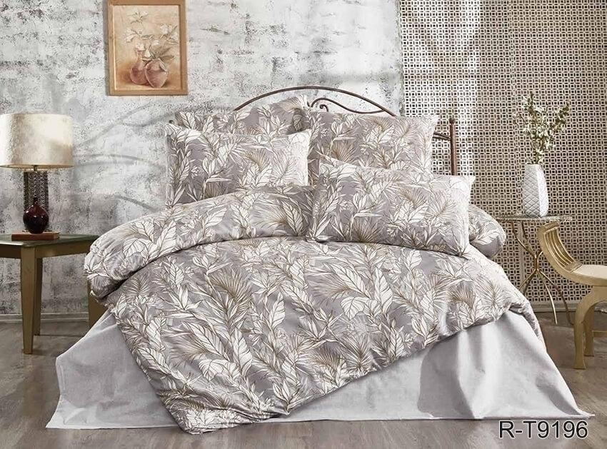 бежевое турецкое постельное белье ранфорс с листиками 9196