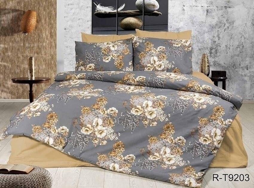 серое турецкое постельное белье ранфорс с рыжыми цветами
