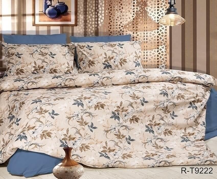 бежево-синее турецкое постельное белье ранфорс с листиками