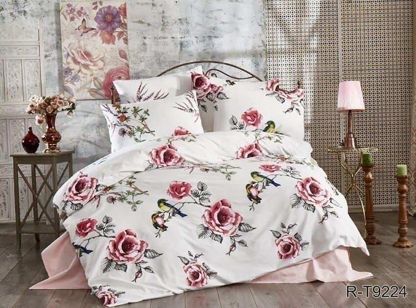 розовое турецкое постельное белье ранфорс с розами и птицами