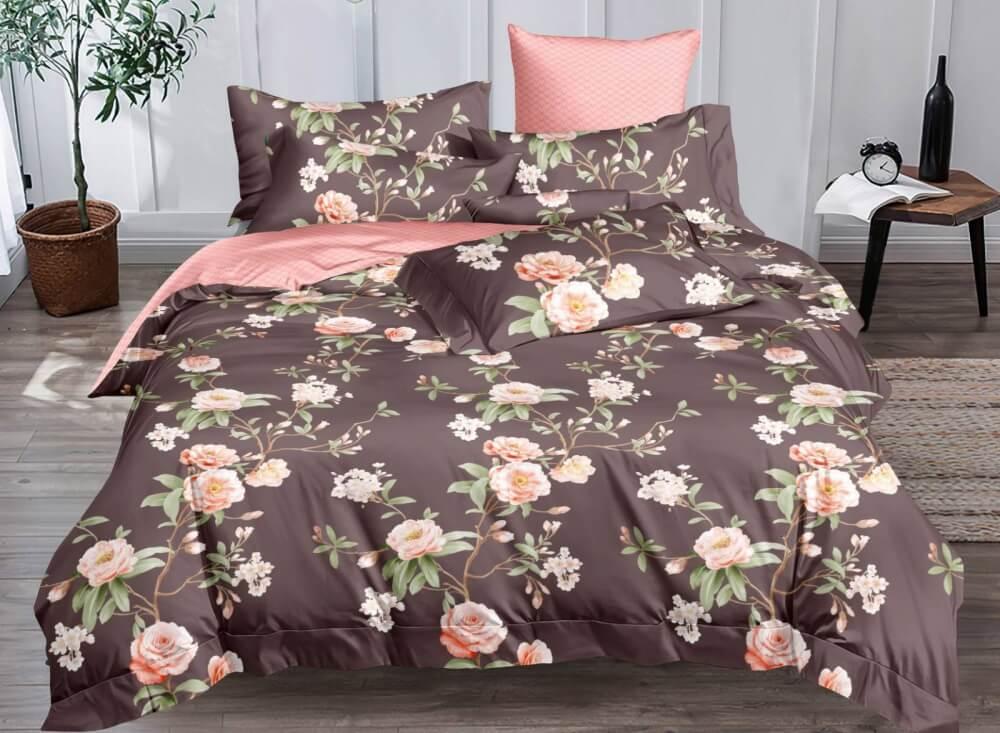 коричневое постельное белье сатин с цветами фото 1