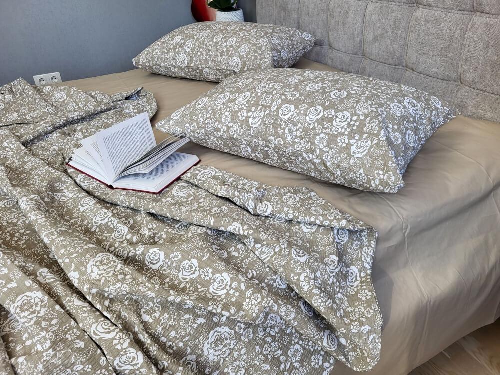 турецкое постельное белье ранфорс гофре розы на оливковом фото 1