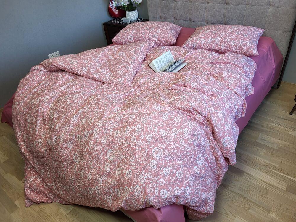 турецкое постельное белье ранфорс гофре розы на розовом фото 1