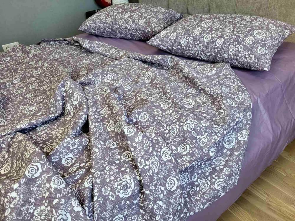 турецкое постельное белье ранфорс гофре фиолетового цвета с розами фото 1