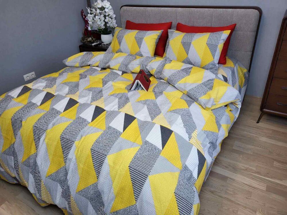 турецкое постельное белье ранфорс гофре серо-желтого цвета с геометрическим рисунком фото 1