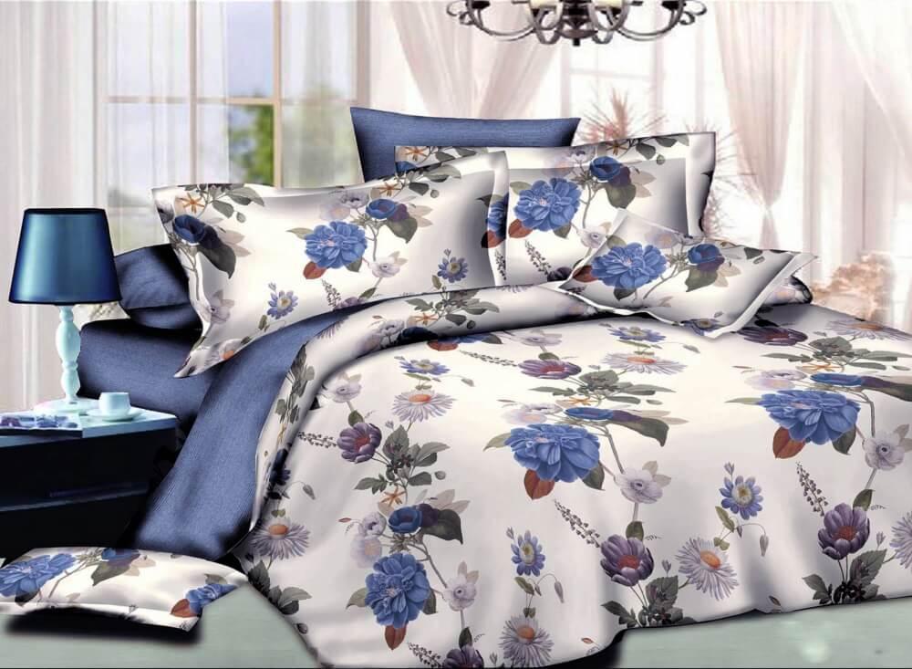 постельное белье ранфорс бело-синего цвета с синими цветами фото 1