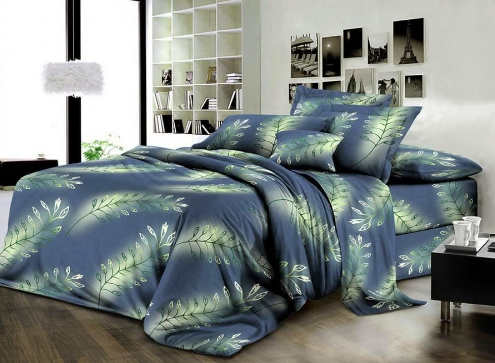 постельное белье ранфорс синего цвета с зелеными листьями фото 1