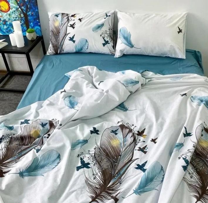 постельное белье ранфорс турция с синими и серыми перьями