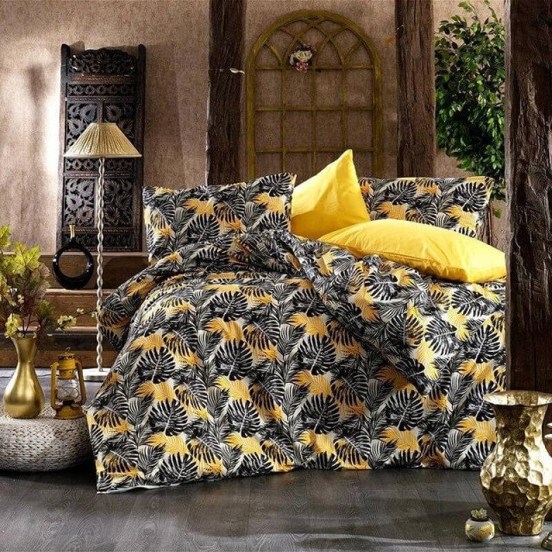 постельное белье ранфорс турция оранжево-черное с листьми монстеры фото 1