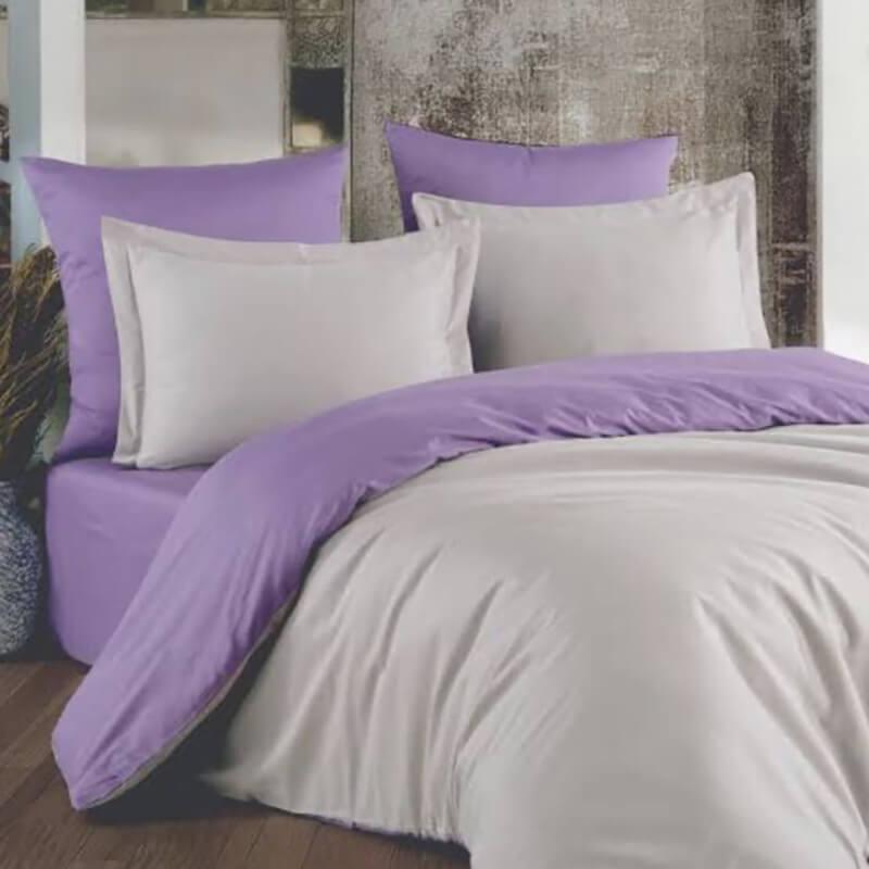 однотонное постельное белье ранфорс Турция серый цвет в сочетании с лавандовым