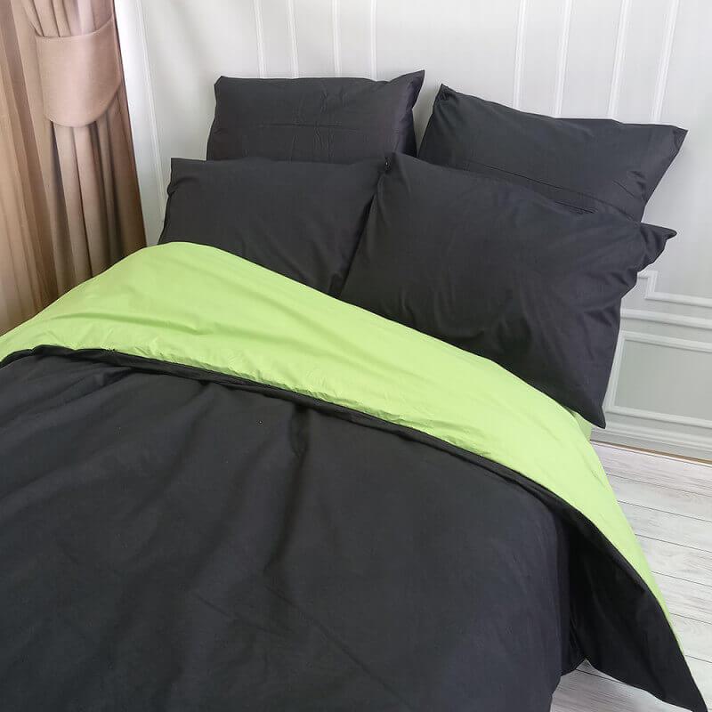однотонное турецкое постельное белье ранфорс черного цвета в комбинации с фисташковым цветом фото 1
