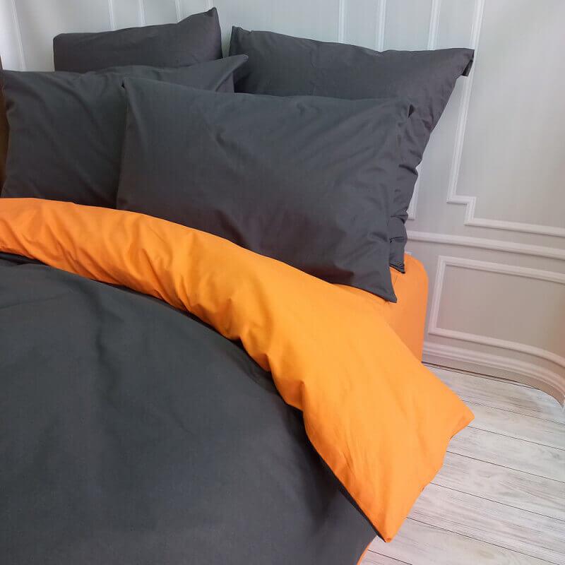 однотонное турецкое постельное белье ранфорс темно-серого цвета в комбинации с оранжевым цветом фото 1