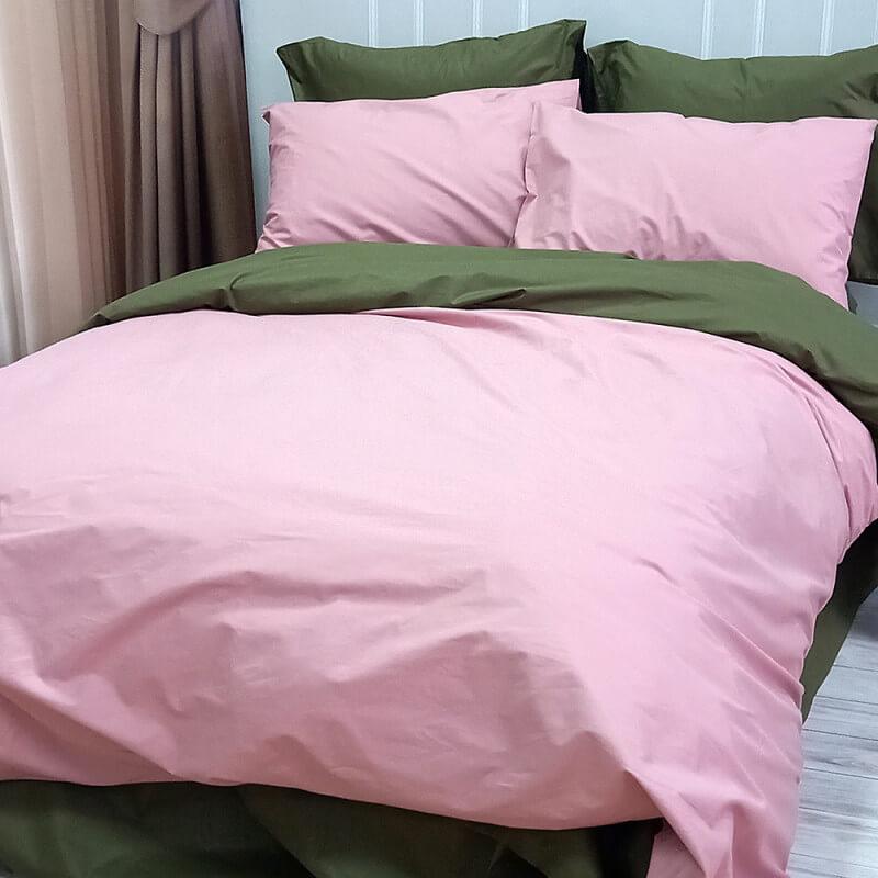 однотонное турецкое постельное белье ранфорс розового цвета в сочетании с хаки фото 1