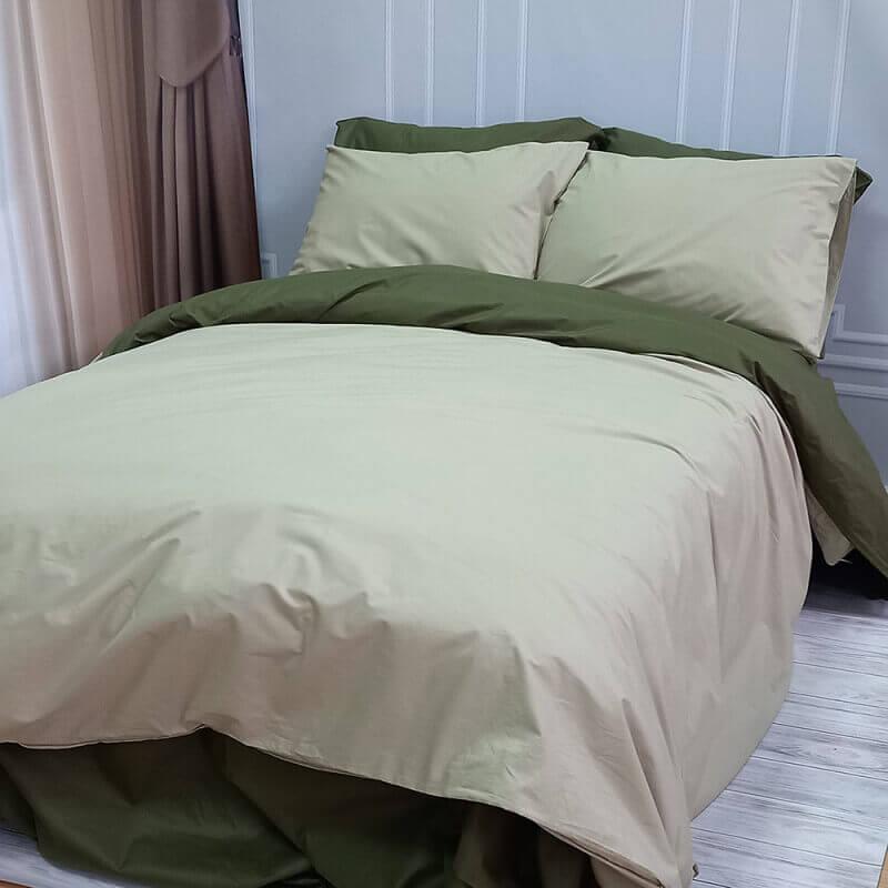 однотонное турецкое постельное белье ранфорс светло-оливкового цвета в сочетании с хаки фото 1