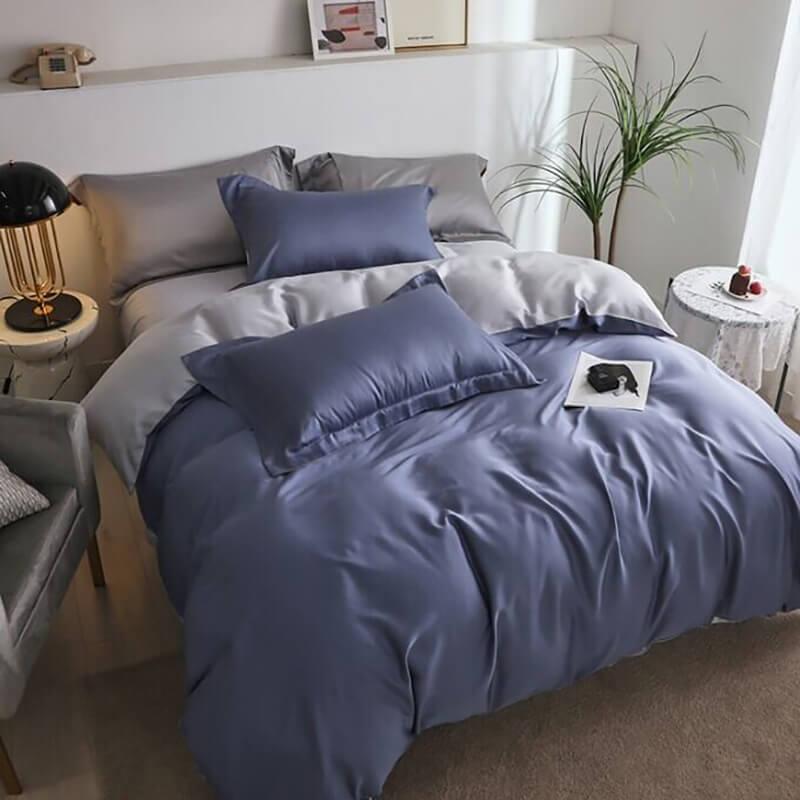 однотонное турецкое постельное белье сатин синего цвета в сочетании с серым