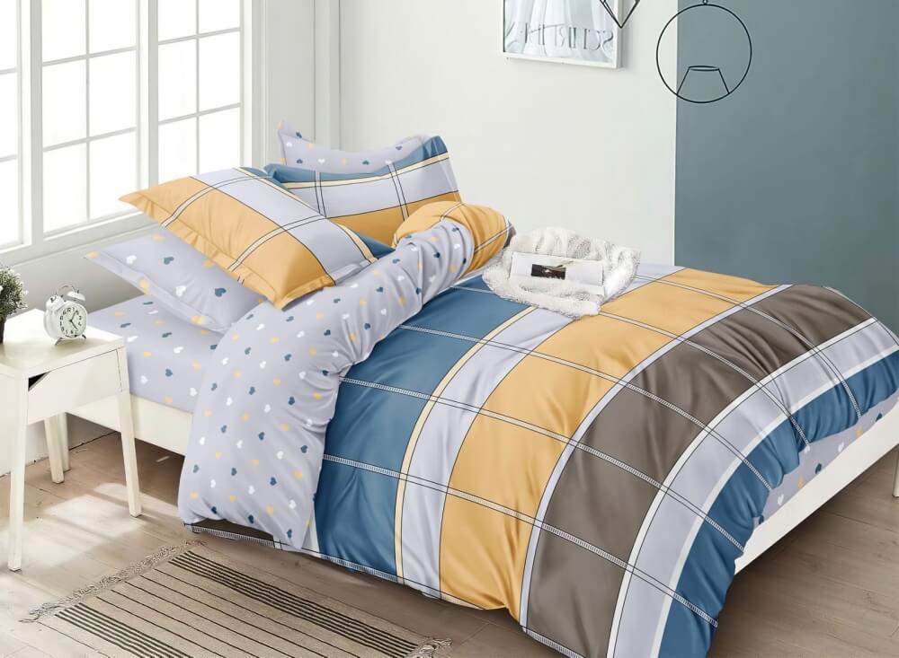 постельное белье сатин рисунок квадраты коричневые, желтые, синие