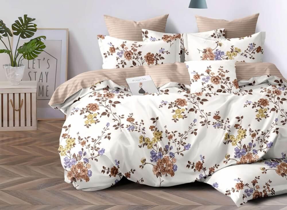 постельное белье сатин белого цвета с коричневыми цветами