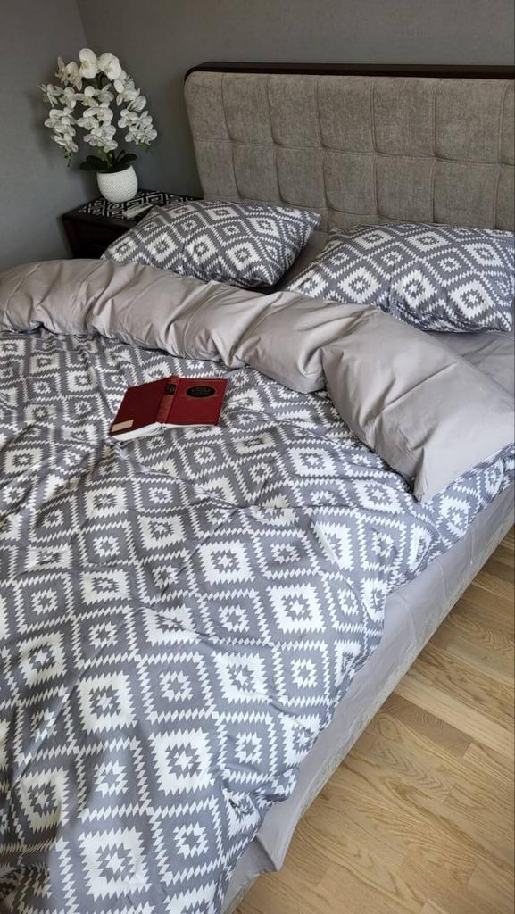 турецкое серое постельное белье с белыми ромбами фото 1