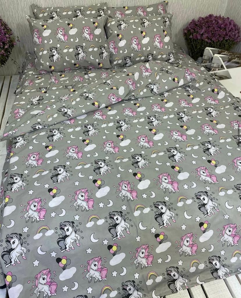 постельное белье серого цвета с единорогами, звездами, радугой, облаками фото 1