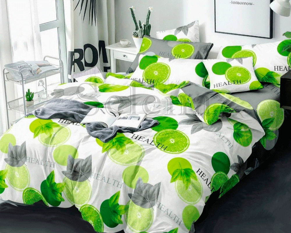 серое постельное белье с лаймом