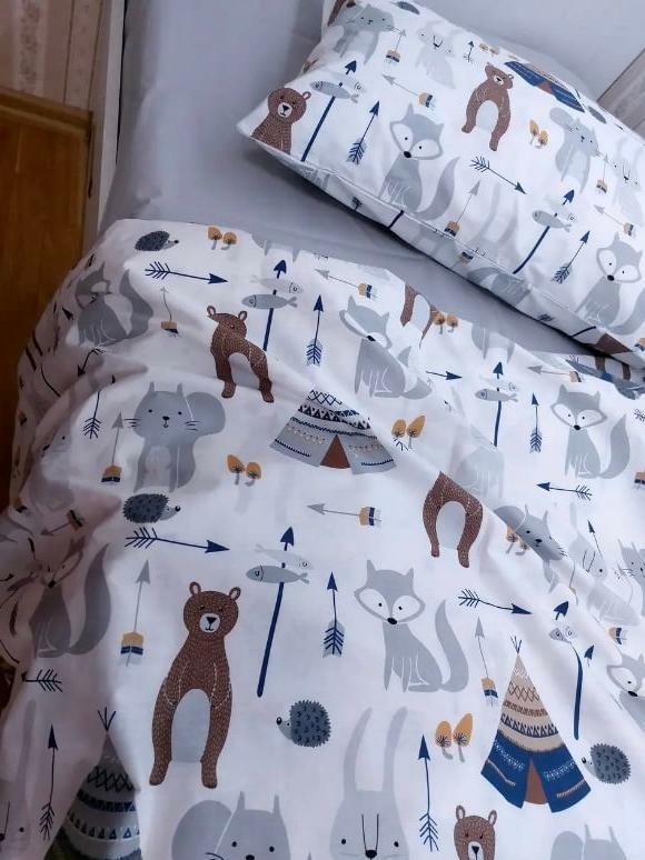 турецкое постельное белье ранфорс со зверями: медведь, лиса, зайчик и белочка фото 1